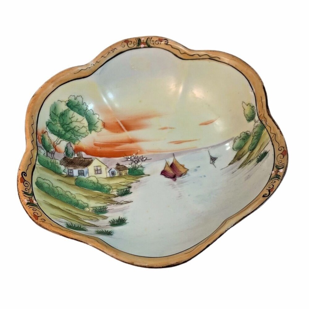 Hand Painted Nippon Porcelain Bowl Cottage Sailboat Fluted Gold Rim Lake Sunrise